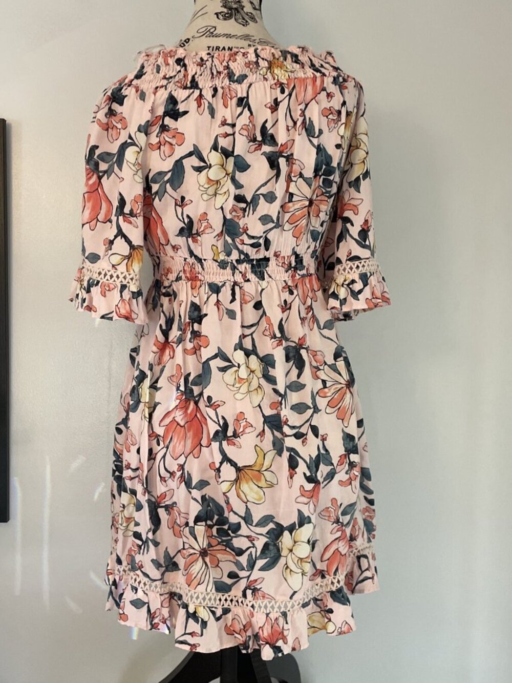 Lulus Pink Floral Off Shoulder Boho Mini Dress Bell Sleeve Womens XS (M5) - Picture 3 of 12